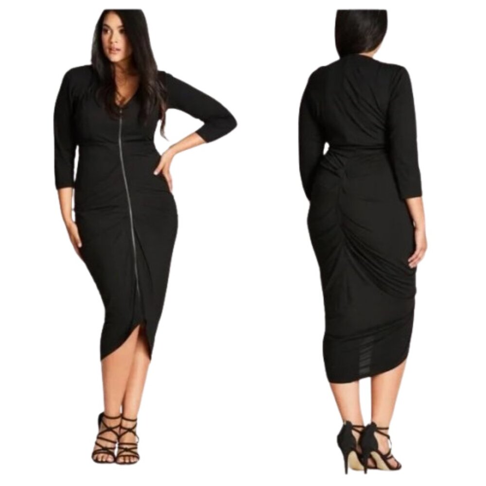 NWT City Chic Womens Plus Size 20W Black Full Zip Front Drapey Midi Dress NEW